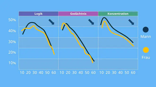 Das Bild zeigt die Veränderung der kognitiven Leistungen im steigenden Alter, sowohl bei Männern als auch bei Frauen. Logik, Gedächtnis und Konzentration nehmen bei beiden Geschlechtern mit steigendem Alter ab.