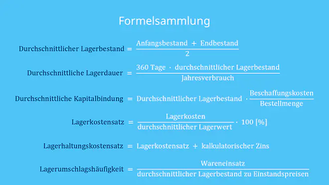 Formelsammlung Lagerkennzahlen, Lagerkennziffern, Lagerkennzahlen Lagerbestand, Kapitalbildung, Lagerdauer, Lagerhaltungskostensatz