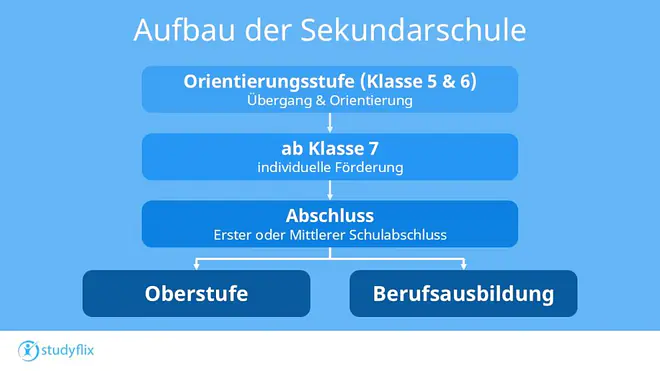 Auf der Abbildung ist der Aufbau der Sekundarschule zu sehen. Es startet mit der Orienterungsstufe, die die Klassen 5 und 6 umfasst. Darauf folgt die individuelle Förderung ab Klasse 7. Als nächstes kommt der Abschluss. Man kann den ersten Schulabschluss oder den mittleren Schulabschluss erreichen. Danach sind zwei Optionen offen, entweder der Besuch einer Oberstufe oder die Berufsausbildung.