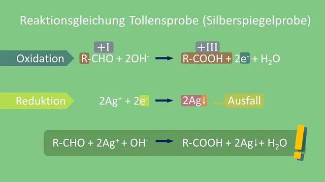 Tollensprobe, Silberspiegelprobe, Reaktionsgleichung, ALdehyd, Carbonsäure, Silber