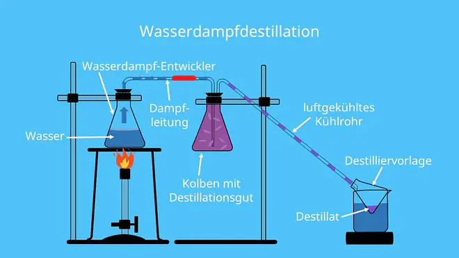 Wasserdampf, Kondensator, Destillieren, Destillat, Destilliervorlage, fraktionierte Destillation, Wasserdampf