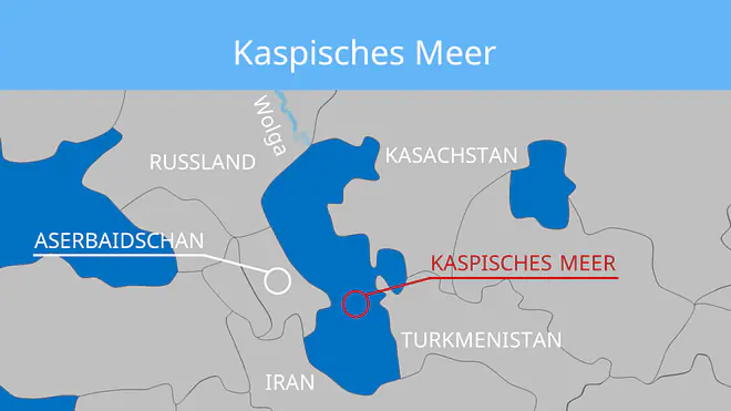 Ein Bild zeigt die Karte des Kaspischen Meeres mit seinen angrenzenden Ländern Russland, Kasachstan, Iran, Turkmenistan und Aserbaidschan.