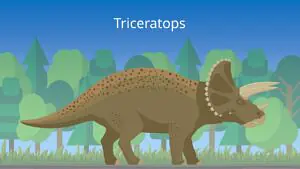 Das Bild zeigt einen Triceratops. Er hat ein Nackenschild, das direkt an seinem Kopf nach hinten ragt. An der Vorderseite seines langen Kopfs sind ein kurzes Horn auf Höhe seiner Nase und zwei lange Hörner nebeneinander auf seiner Stirn.