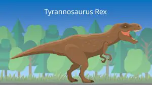 Das Bild zeigt einen Tyrannosaurus Rex. Er hat kurze Arme und einen großen Kopf und Kiefer.