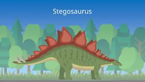 Das Bild zeigt einen Stegosaurus. Er hat einen langen dünnen Kopf und einen langen Schwanz. Auf seinem Rücken hat er harte Platten, die nach oben hin spitz zulaufen und wie Stachel von ihm wegstehen.
