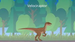 Das Bild zeigt einen Velociraptor. Er ist klein und schmal, hat einen langen Schwanz und kurze Arme.