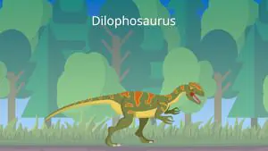 Das Bild zeigt einen Dilophosaurus. Er ist kleiner als ein durchschnittlicher Erwachsener, hat einen langen Schwanz und kurze, dünne Arme.