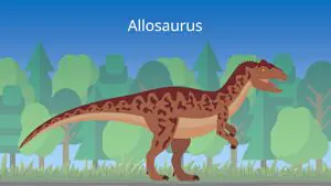 Das Bild zeigt einen Allosaurus. Er ist ungefähr doppelt so groß wie ein durchschnittlicher Erwachsener, hat einen großen Kopf, einen langen Schwanz und kurze Arme