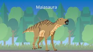 Das Bild zeigt einen Maiasaura. Er hat einen langen, schnabelartigen Kopf und einen Scheitelkamm über den Augen.