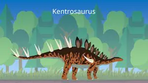 Das Bild zeigt einen Kentrosaurus. Er hat einen kleinen Kopf und Knochenblätter oben auf seinem Nacken und Rücken. Auf seinem Schwanz und jeweils seinen Vorderbeinen trägt er spitze Stacheln.