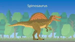 Das Bild zeigt einen Spinosaurus. Er hat einen großen Kopf und kurze, dünne Arme. Auf seinem Rücken trägt er ein Rückensegel, das aussieht wie ein aufgeklappter Fächer.