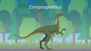 Das Bild zeigt einen Compsognathus. Er ist etwa so groß wie ein Huhn, hat kurze Arme und einen langen Schwanz.