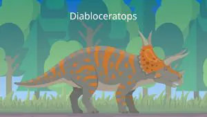 Das Bild zeigt einen Diabloceratops. Er hat wie ein Triceratops zwei Hörner über den Augen und eins auf der Nase. Auf seinem Nackenschild stehen zusätzlich zwei Hörner nach außen gebogen weg.