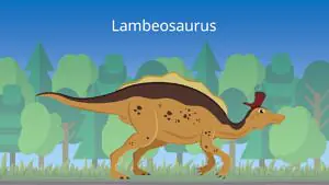 Das Bild zeigt einen Lambeosaurus. er hat einen auffälligen Kamm auf der Stirn und einen biegsamen Hals. Er kann sowohl auf zwei als auch auf vier Beinen laufen.