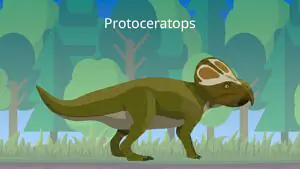 Das Bild zeigt einen Protoceratops. Er hat längere Hinter- als Vorderbeine, einen verhältnismäßig großen Kopf mit einem schildkrötenartigen Schnabel und ein großes Nackenschild.