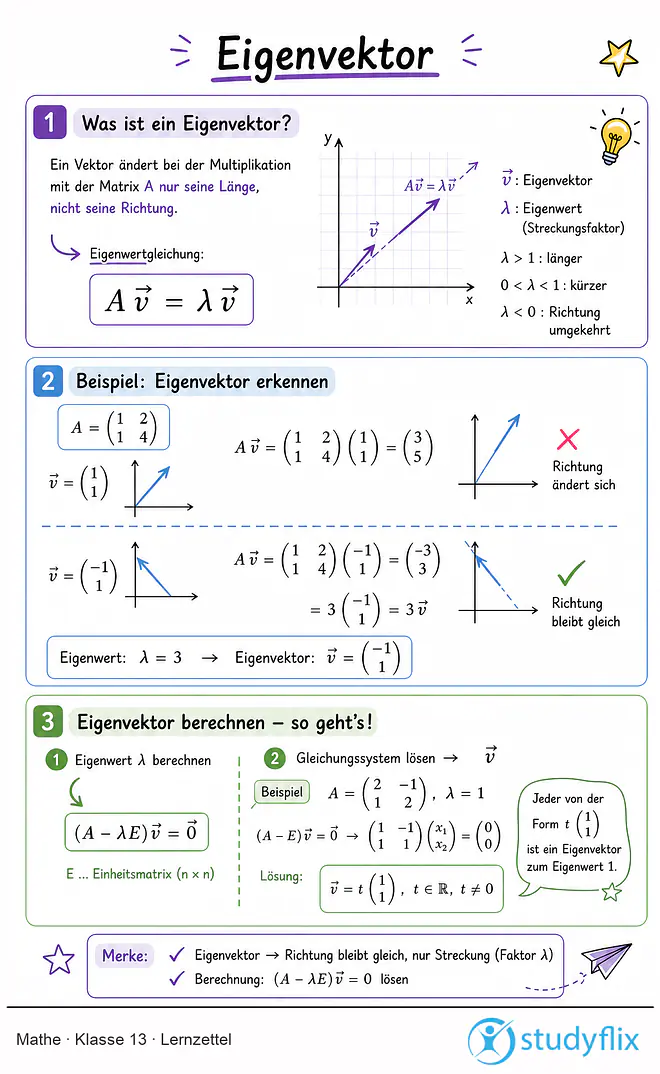 Das Bild zeigt einen Lernzettel, auf dem alles wichtige zu dem Thema Eigenvektor dargestellt ist. Für Schüler der Klasse 13.