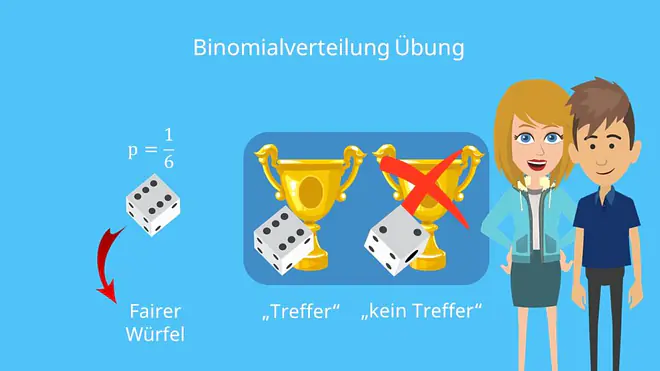 Binomialverteilung Übung, fairer Würfel, Treffer, kein Treffer