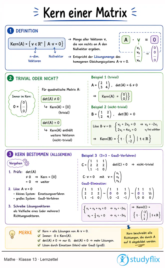 Das Bild zeigt einen Lernzettel, auf dem alles wichtige zu dem Thema Kern einer Matrix dargestellt ist. Für Schüler der Klasse 13.