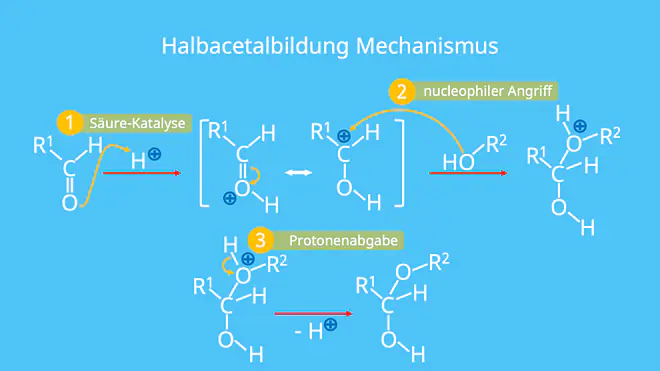 Halbacetalbildung, Bildung, Halbacetal, Aldehyd, Alkohol, Mechanismus