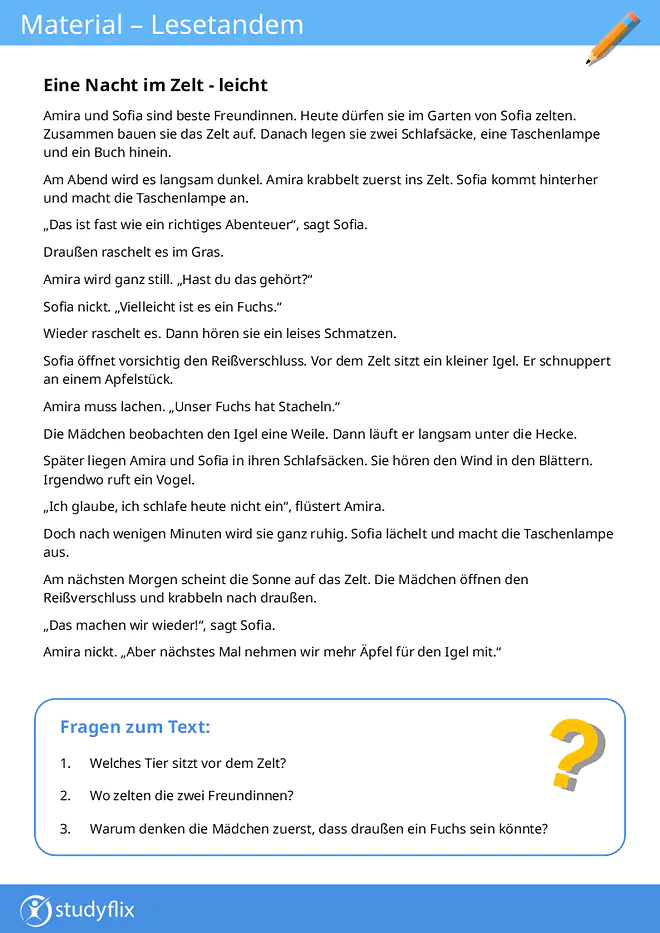 Material Lerntandems, verschiedene Texte zum herunterladen, Fragen zum Text für Kinder