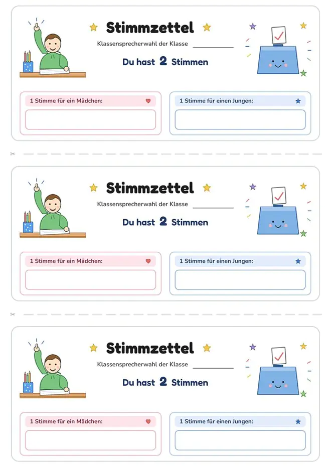 Das Bild zeigt drei Stimmzettel für eine Klassensprecherwahl mit jeweils zwei Stimmen und Feldern zur Wahl eines Mädchens und eines Jungen