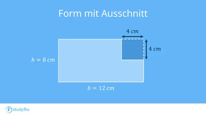 Ein Bild zeigt eine rechteckige Form mit den Maßen 12 auf 8 cm. In der rechten oberen Ecke fehlt ein Stück von 4 mal 4 cm.