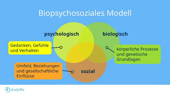 Die Grafik zeigt die drei Einflussfaktoren des biopsychosozialen Modells nach George L. Engel. Neben biologischen Faktoren, die körperliche Prozesse und genetische Grundlagen betrachten, sind auch psychologische und soziale Faktoren für Gesundheit und Krankheit ausschlaggebend. Sie beinhalten Gedanken, Gefühle und das Verhalten sowie das soziale Umfeld, Beziehungen und gesellschaftliche Einflüsse.