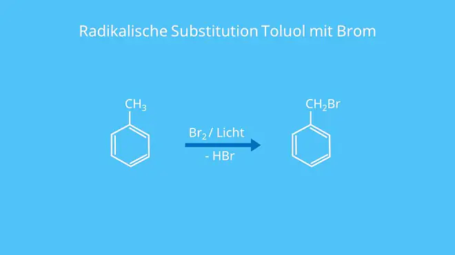 Radikalische Substitution Toluol mit Brom, Toluene, Methylbenzol, Bromierung von Toluol, Methylbenzen, C6H5CH3