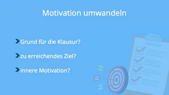 Die Grafik stellt Fragen zur Selbstreflexion, um die eigene Motivation für eine Klausur zu erkennen und in Zielstrebigkeit umzuwandeln. Sie fordert dazu auf, den Grund für die Prüfung, das angestrebte Ziel und die innere Motivation zu hinterfragen.