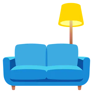 Das Bild zeigt ein blaues Sofa mit einer gelben Stehlampe dahinter.