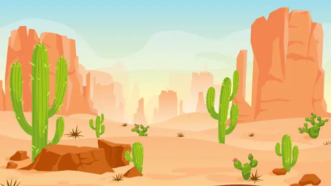 Die Illustration zeigt eine trockene Wüstenlandschaft mit Kakteen und Felsformationen, die die typische Vegetation und Umgebung eines heißen Wüstengebiets darstellt.