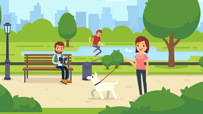Die Illustration zeigt einen belebten Park, in dem eine Frau ihren Hund ausführt, ein Mann auf einer Bank liest und ein Jugendlicher am Seeufer Skateboard fährt.