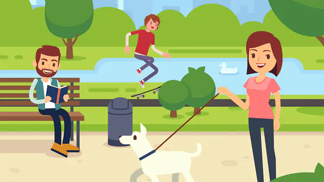 Die Szene zeigt einen Park, in dem eine Frau mit ihrem Hund spazieren geht, während ein Mann auf einer Bank liest und ein Jugendlicher einen Sprung mit dem Skateboard ausführt