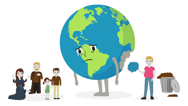 Der Cartoon zeigt eine weinende Erde, die zwischen besorgten Menschen und einer Person, die den Planeten mit Müll verschmutzt, steht.