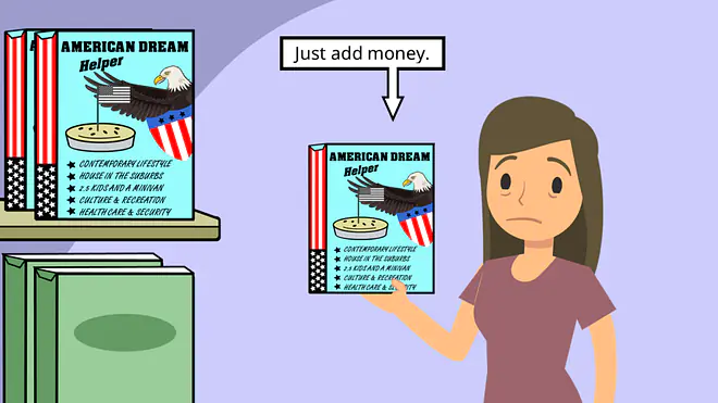 Der Cartoon zeigt eine Frau, die enttäuscht ein Buch zum „American Dream“ in der Hand hält. Daneben steht eine Sprechblase mit „Just add money“.