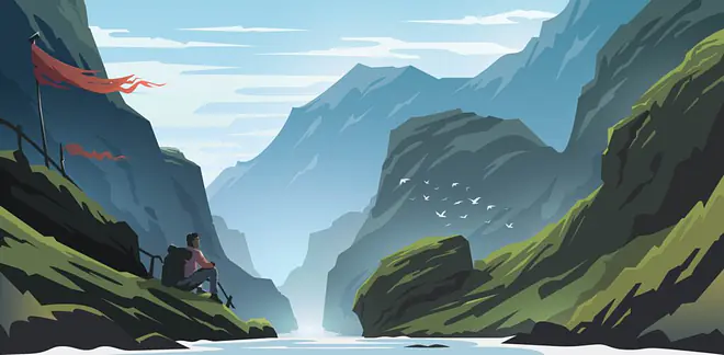 Die Illustration zeigt einen Wanderer, der in einer weiten Gebirgslandschaft am Rand eines Flusses sitzt und in die ferne Bergkulisse blickt, sodass ein Gefühl von Ruhe, Weite und Naturverbundenheit entsteht.