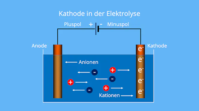 Die Abbildung erklärt die Funktion der Kathode in der Elektrolyse. Elektronen fließen vom Minuspol zur Kathode, wo Kationen Elektronen aufnehmen und reduziert werden, während Anionen zur Anode wandern und dort oxidiert werden.