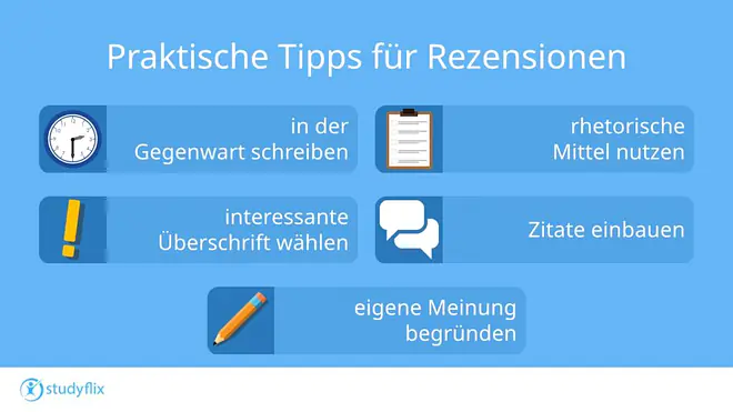 Damit deine Rezension lebendig und individuell wird, helfen dir diese fünf Tipps:  Schreibe in der Gegenwart: Deine Rezension wirkt direkter, wenn du im Präsens schreibst  Rhetorische Mittel nutzen: Stilmittel wie Ironie, Übertreibung oder ein Vergleich machen deinen Text lebendiger Interessante Überschrift wählen: Vermeide langweilige Titel wie „Rezension zu ...“. Eine kreative Überschrift weckt Neugier Zitate einbauen: Kurze Zitate zeigen den Stil des Werks und geben deinen Lesern einen echten Eindruck Begründe deine Meinung: Schreib nicht nur, was du denkst -- sondern immer auch, warum