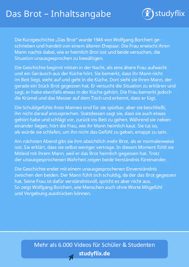 Die Grafik fasst die Kurzgeschichte „Das Brot“ von Wolfgang Borchert zusammen und beschreibt, wie ein älteres Ehepaar den heimlichen nächtlichen Brotkonsum des Mannes unausgesprochen bewältigt und dadurch Mitgefühl und Verständnis füreinander zeigt.