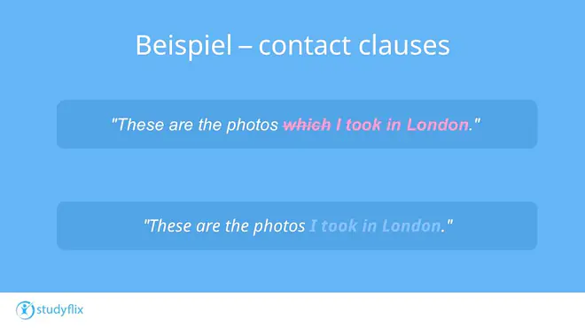Das Bild erklärt anhand zweier englischer Beispielsätze die Verwendung von contact clauses. Es zeigt den Satz These are the photos which I took in London und die verkürzte Form These are the photos I took in London, um zu verdeutlichen, dass das Relativpronomen weggelassen werden kann, ohne die Bedeutung zu verändern. Damit wird gezeigt, wie contact clauses im Englischen gebildet und vereinfacht werden.