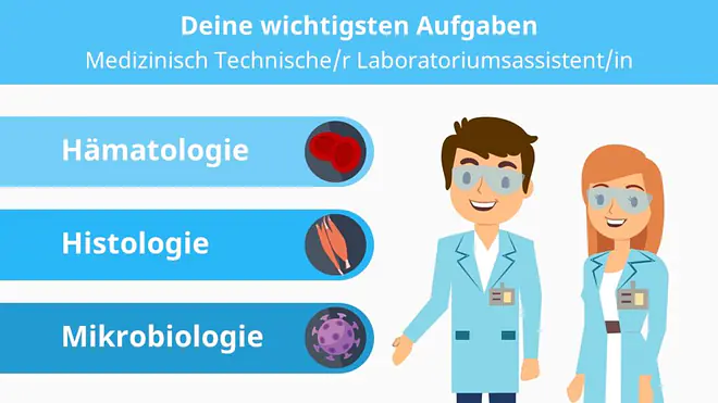 Die Grafik zeigt die wichtigsten Aufgaben von Medizinisch Technischen Laboratoriumsassistentinnen und Laboratoriumsassistenten in den Bereichen Hämatologie, Histologie und Mikrobiologie und verdeutlicht ihren Einsatz in verschiedenen medizinischen Fachgebieten des Labors.