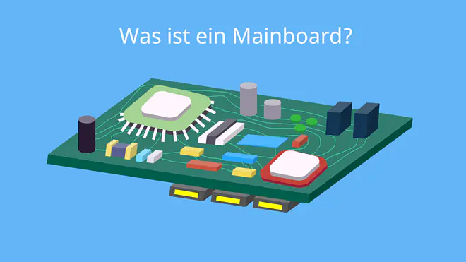 Das Bild zeigt eine vereinfachte Darstellung eines Mainboards, auf der zentrale Bauteile wie Prozessor, Steckplätze und Anschlüsse erkennbar sind.