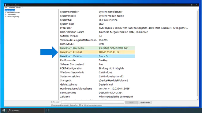 Das Bild zeigt das Windows-Fenster „Systeminformationen“, in dem der Benutzer den Hersteller, das Produkt und die Version des Mainboards ablesen kann.