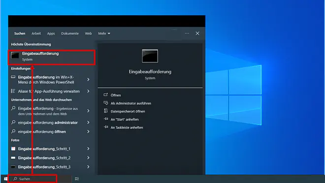 Das Bild zeigt dir, wie du unter Windows die Eingabeaufforderung öffnest. 