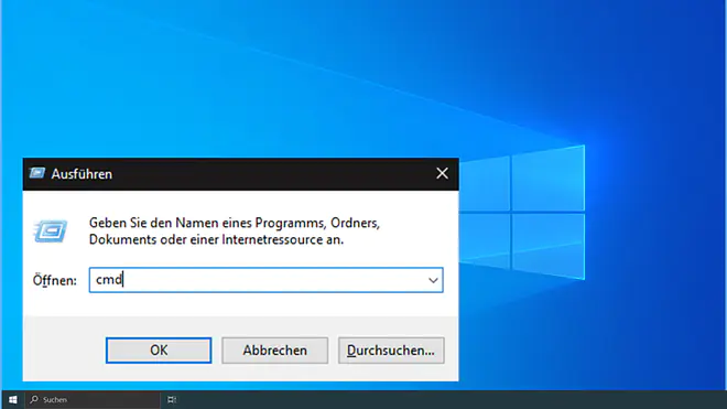 Das Bild zeigt, wie du unter Windows über das Ausführen-Fenster die Eingabeaufforderung startest. 