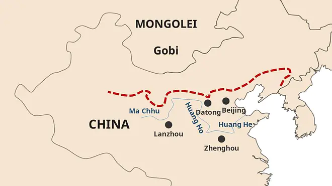 Karte von China mit eingezeichneter Linie zur Lage der chinesischen Mauer.