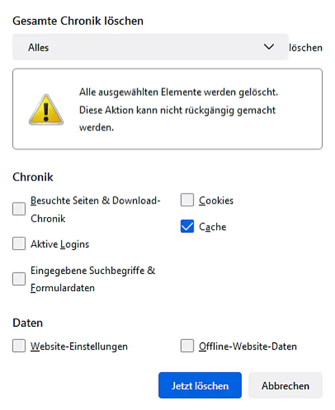 Mozilla Firefox, Cache löschen, Cache leeren, Browserdaten löschen, Verlauf löschen