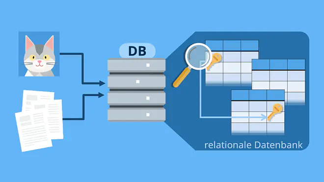 Schaubild veranschaulicht den Aufbau einer relationalen Datenbank, in der verschiedene Datenquellen in einer Datenbank gespeichert und über Tabellen sowie Primär- und Fremdschlüssel miteinander verknüpft werden, sodass Beziehungen zwischen Datensätzen strukturiert abgebildet sind.