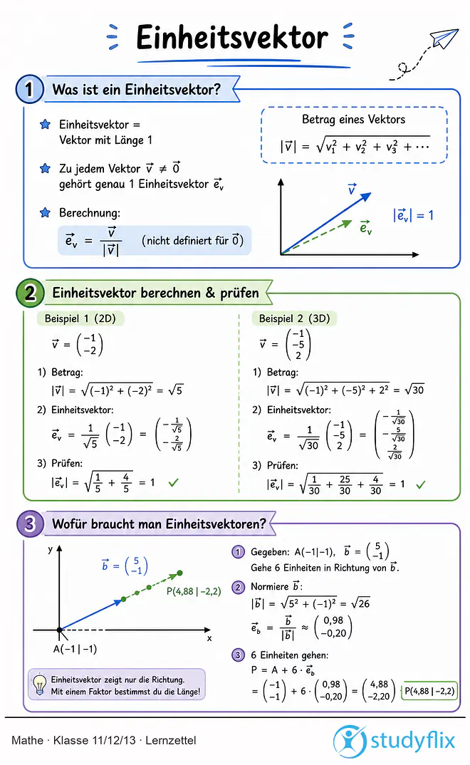 Das Bild zeigt einen Lernzettel, auf dem alles wichtige zu dem Thema Einheitsvektor dargestellt ist. Für Schüler der Klasse 11/12/13.