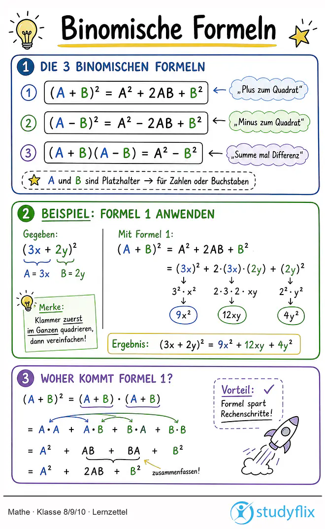 Das Bild zeigt einen Lernzettel, auf dem alles wichtige zu dem Thema Binomische Formeln dargestellt ist. Für Schüler der Klasse 8/9/10.